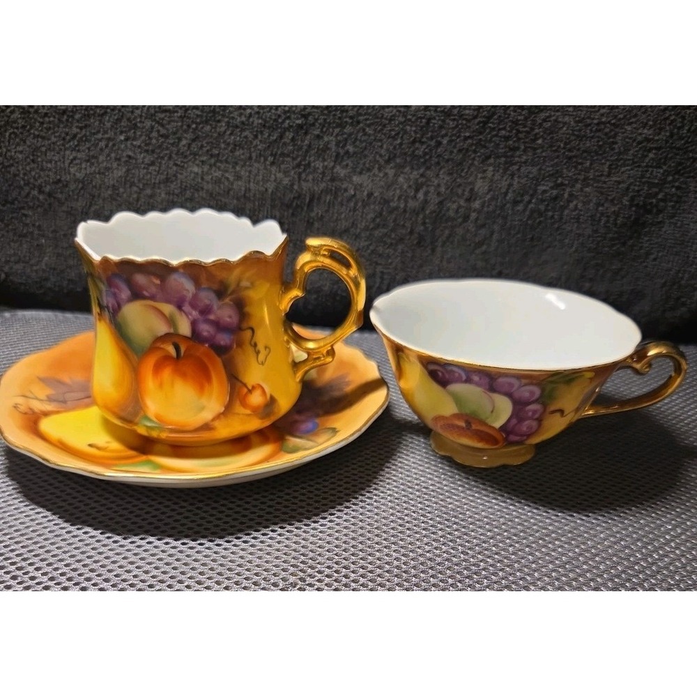 "Heritage Brown" (Fruit) pattern by Lefton China Tea Cups & Saucer